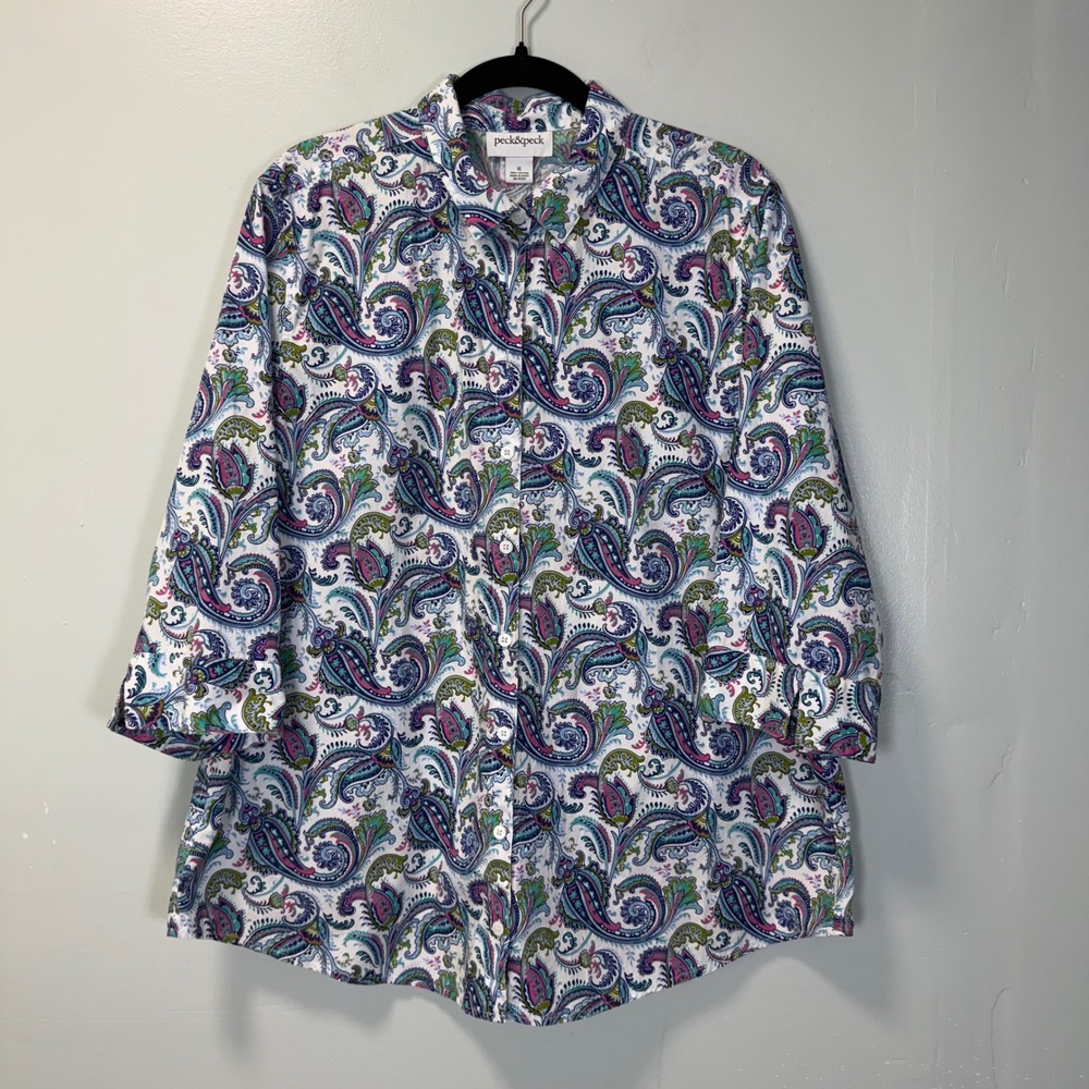 Peck & Peck Womens XL Paisley Button Up Shirt 3/4 Sleeve Cotton Multi Color